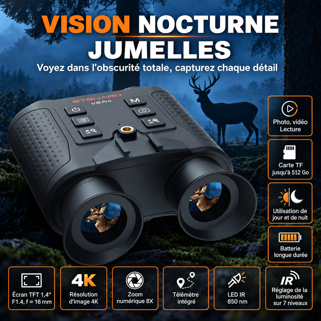 Jumelles de Vision Nocturne V6 PRO – Infrarouge 300 m, 4K & Télémètre