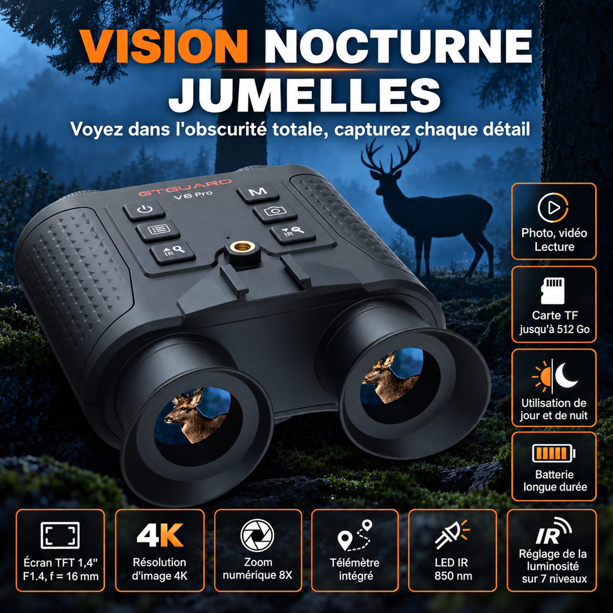 Jumelles de Vision Nocturne V6 PRO – Infrarouge 300 m, 4K & Télémètre