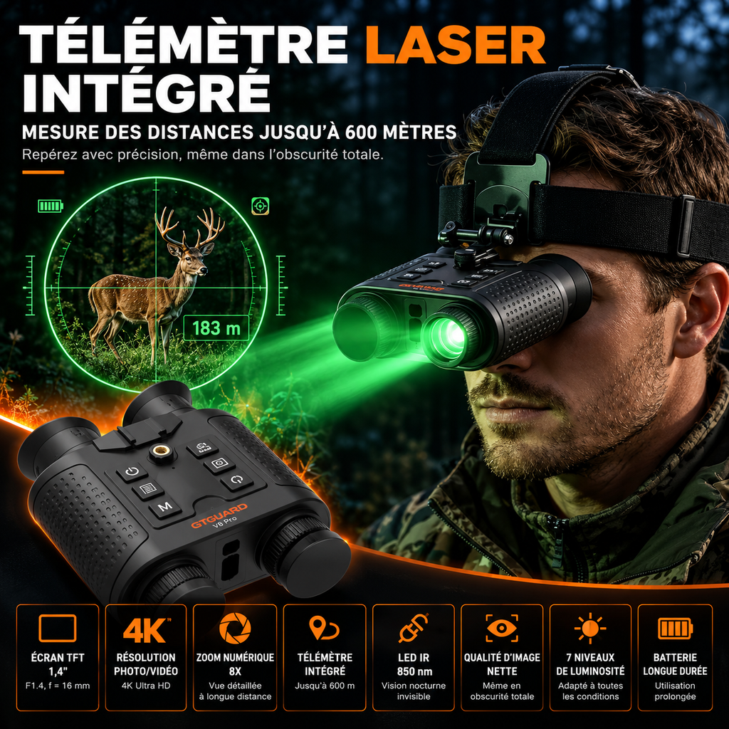 Jumelles de Vision Nocturne V6 PRO – Infrarouge 300 m, 4K & Télémètre