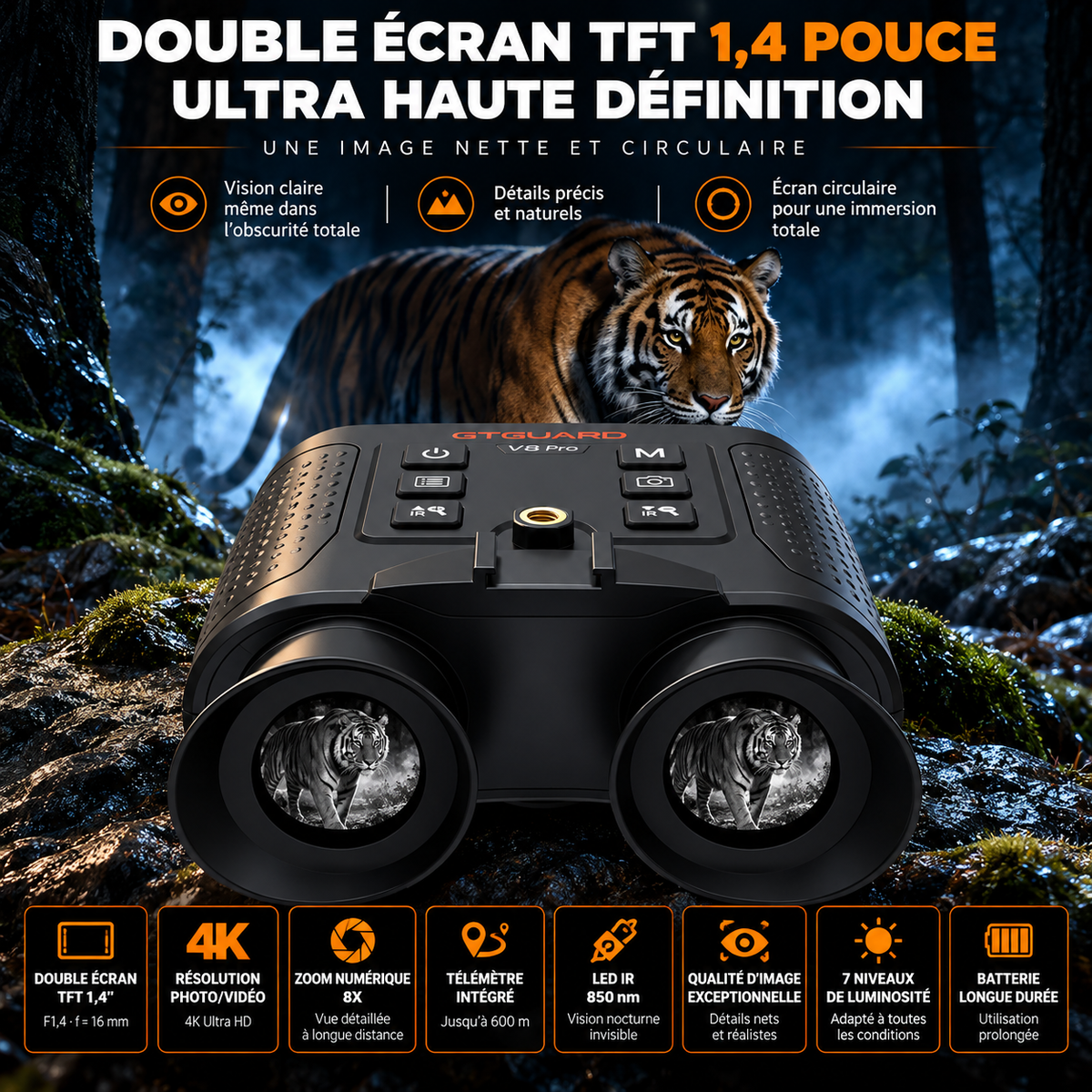 Jumelles de Vision Nocturne V6 PRO – Infrarouge 300 m, 4K & Télémètre