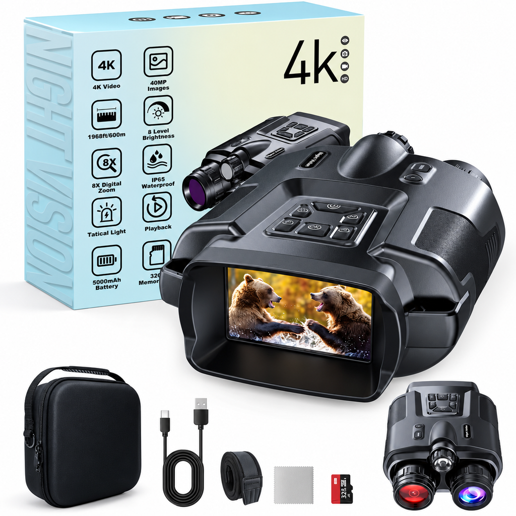 Jumelles de Vision Nocturne 4K – Infrarouge 600 m, Zoom 8× & Carte 64 Go