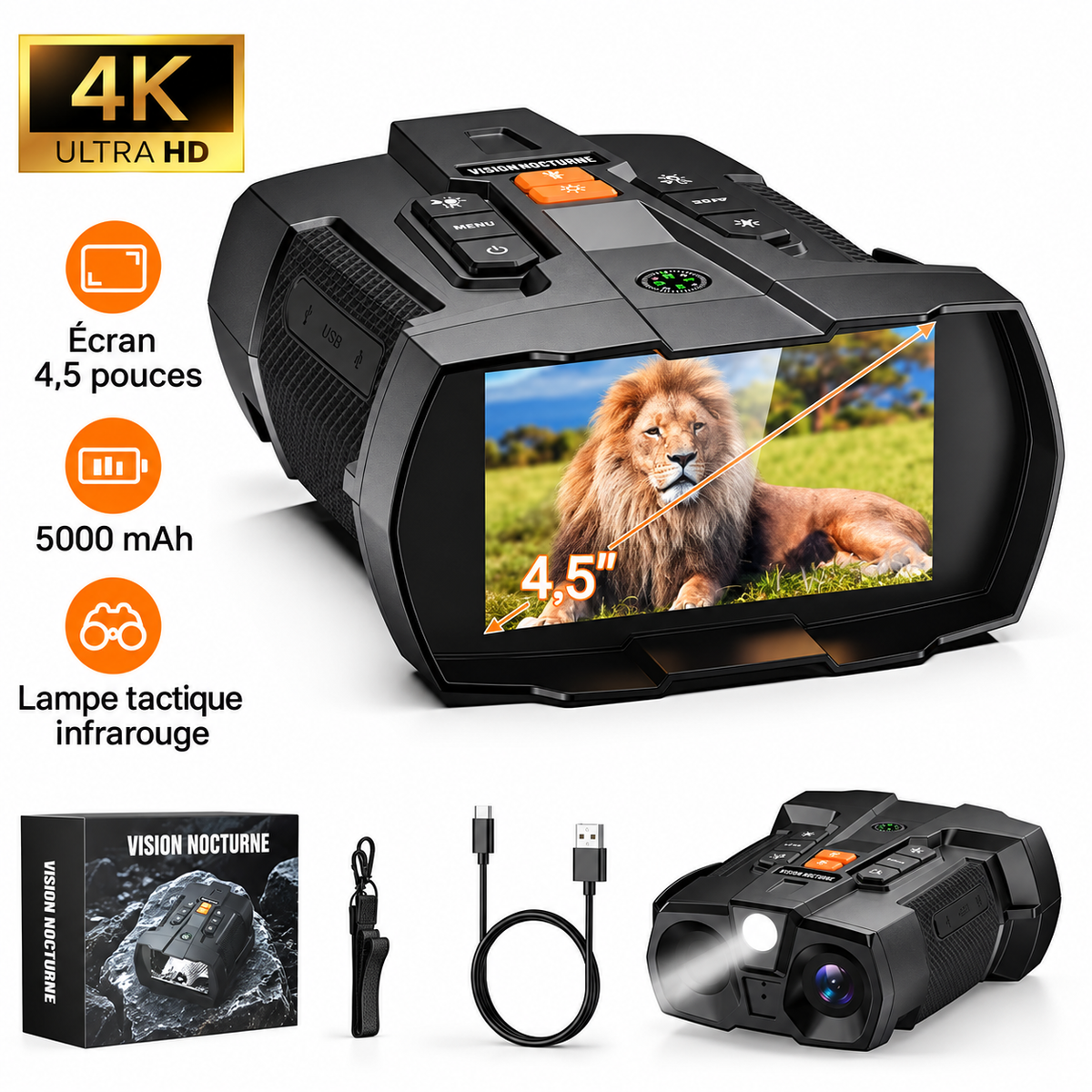 Jumelles de Vision Nocturne 4K – Écran 4,5 Pouces & Infrarouge 800 m