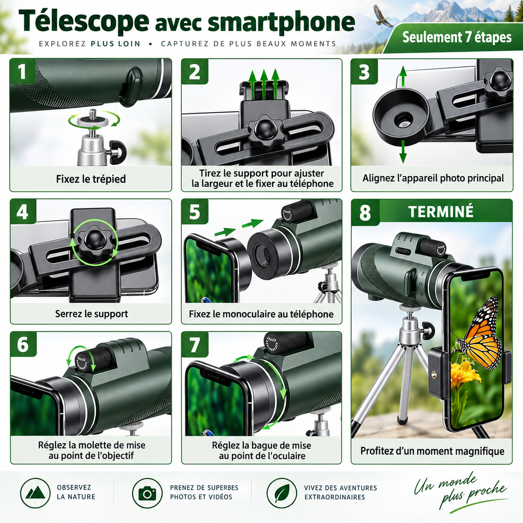Monoculaire Longue Portée 80×100 – Optique HD, Trépied & Support Smartphone