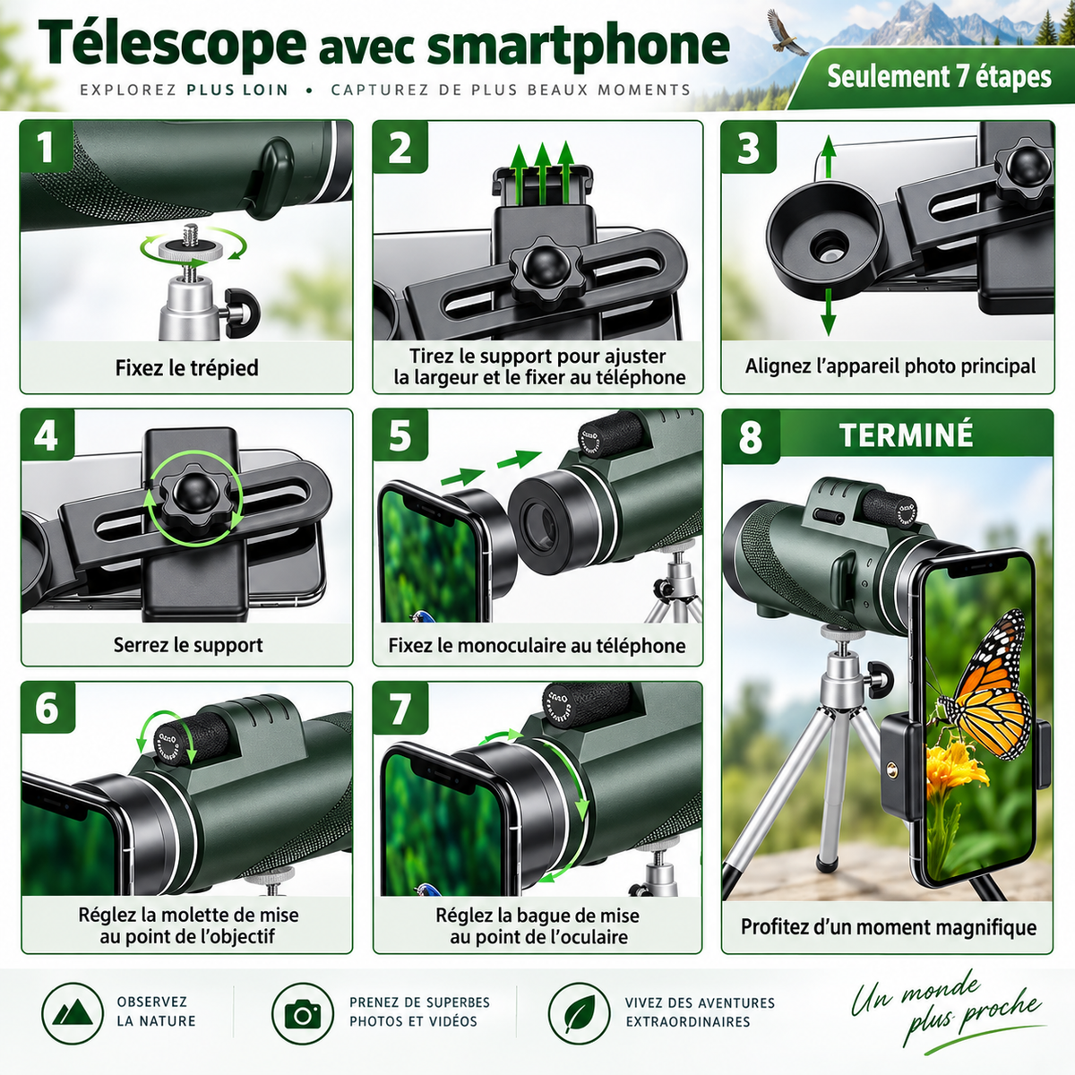 Monoculaire Longue Portée 80×100 – Optique HD, Trépied & Support Smartphone